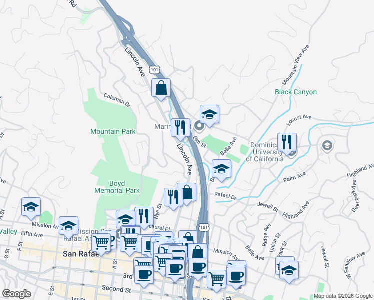 map of restaurants, bars, coffee shops, grocery stores, and more near 1458 Lincoln Avenue in San Rafael