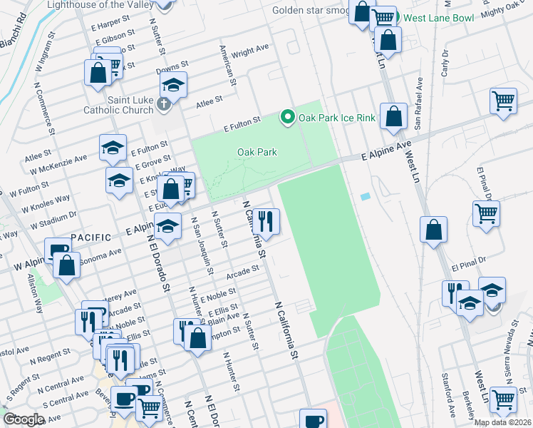 map of restaurants, bars, coffee shops, grocery stores, and more near 555 East Mariposa Avenue in Stockton