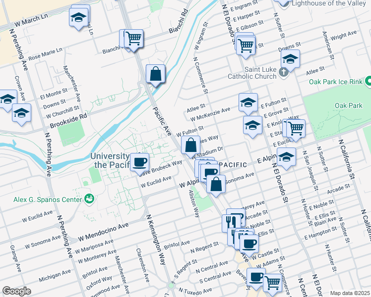 map of restaurants, bars, coffee shops, grocery stores, and more near 3502 North Pacific Avenue in Stockton