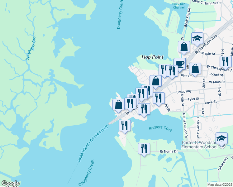 map of restaurants, bars, coffee shops, grocery stores, and more near 102 North 10th Street in Crisfield