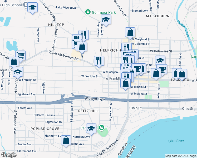 map of restaurants, bars, coffee shops, grocery stores, and more near 2722 West Franklin Street in Evansville