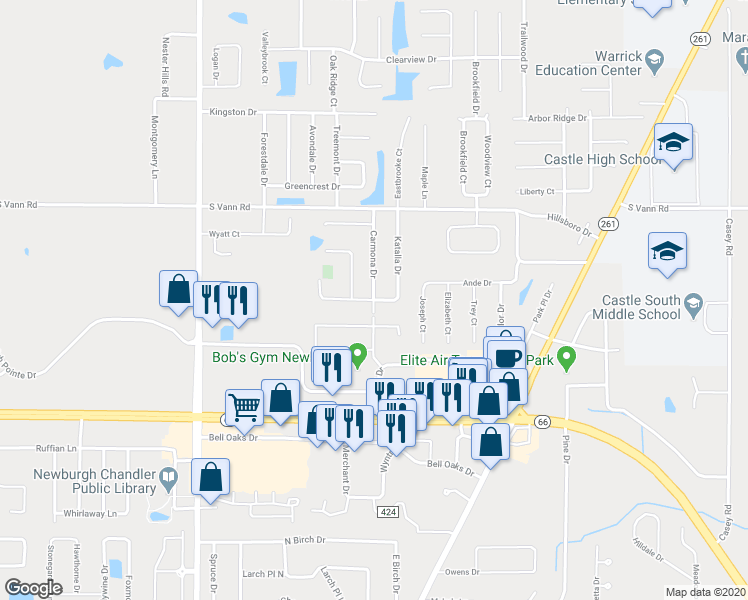 map of restaurants, bars, coffee shops, grocery stores, and more near Carmona Drive in Newburgh