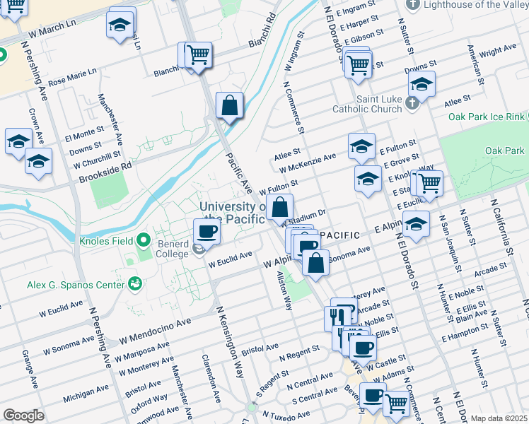 map of restaurants, bars, coffee shops, grocery stores, and more near 3601 Pacific Avenue in Stockton