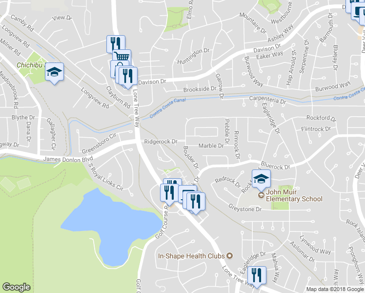 map of restaurants, bars, coffee shops, grocery stores, and more near 4006 Boulder Drive in Antioch