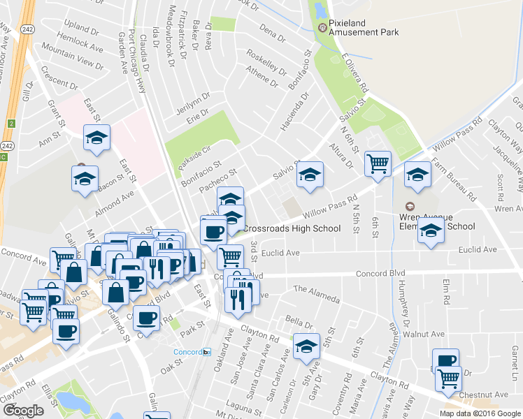 map of restaurants, bars, coffee shops, grocery stores, and more near 1949 Parkside Drive in Concord