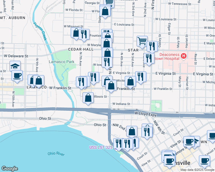 map of restaurants, bars, coffee shops, grocery stores, and more near 300 North Fulton Avenue in Evansville