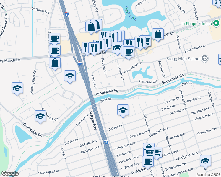 map of restaurants, bars, coffee shops, grocery stores, and more near 2440 River Drive in Stockton