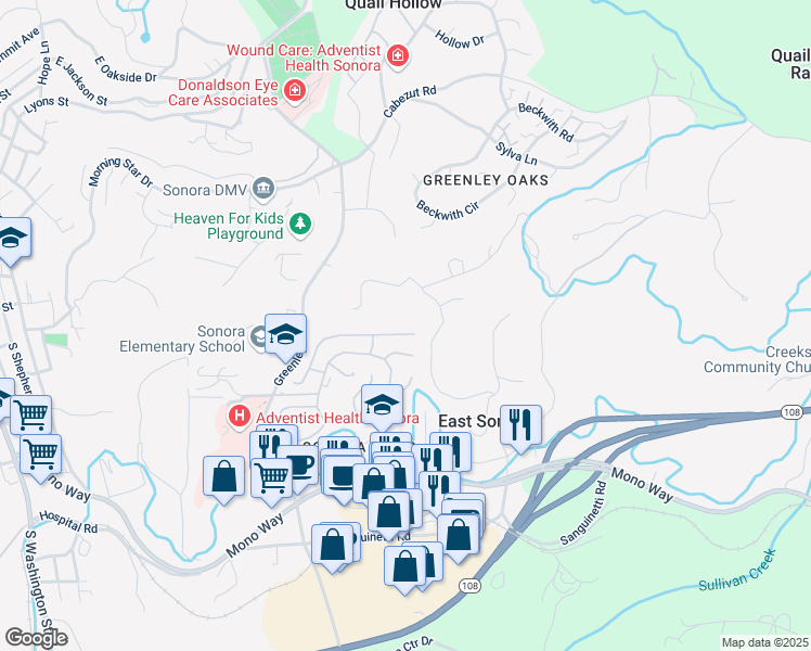 map of restaurants, bars, coffee shops, grocery stores, and more near 12800 Honey Locust Ct in Sonora