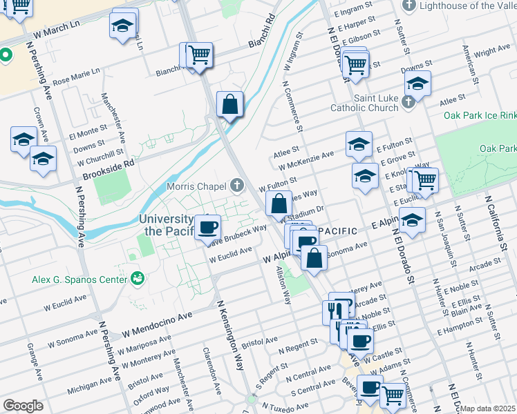 map of restaurants, bars, coffee shops, grocery stores, and more near 3601 Pacific Avenue in Stockton