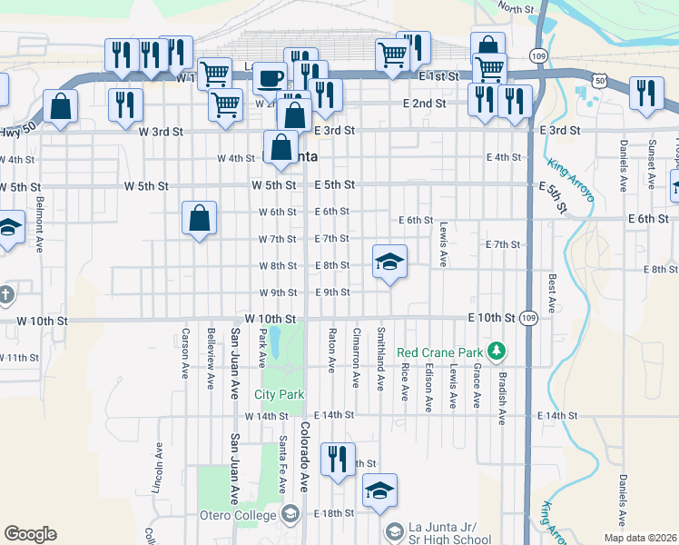 map of restaurants, bars, coffee shops, grocery stores, and more near 801-811 East 9th Street in La Junta