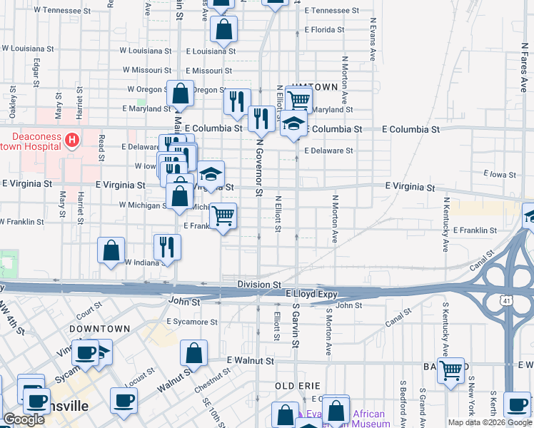 map of restaurants, bars, coffee shops, grocery stores, and more near 421 East Franklin Street in Evansville