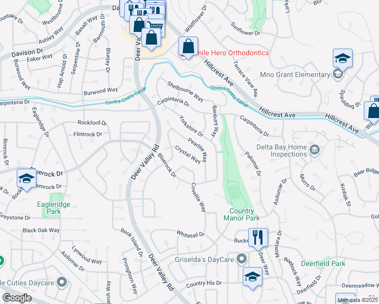 map of restaurants, bars, coffee shops, grocery stores, and more near 2501 Crystal Way in Antioch