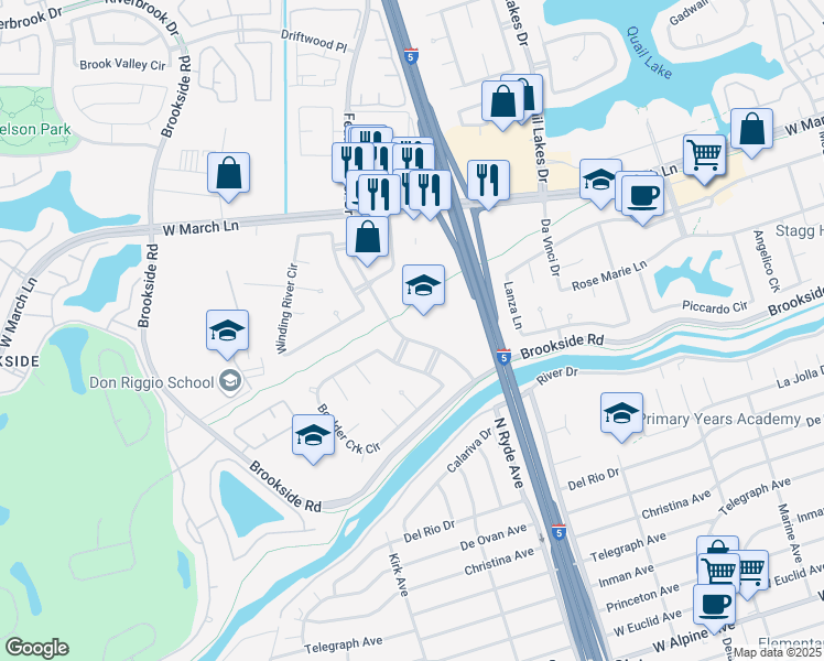 map of restaurants, bars, coffee shops, grocery stores, and more near 4128 Feather River Drive in Stockton