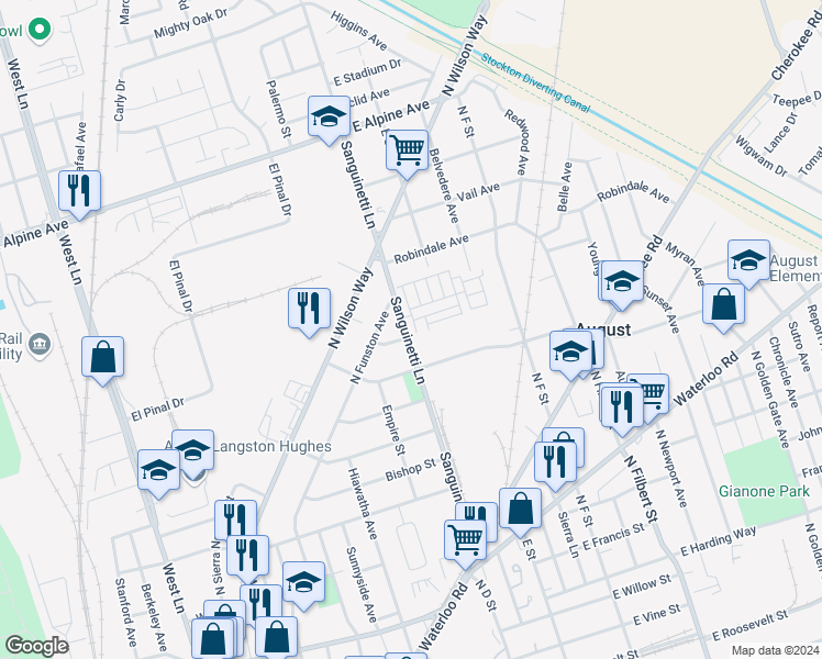map of restaurants, bars, coffee shops, grocery stores, and more near 2146 East Jersey Street in Stockton