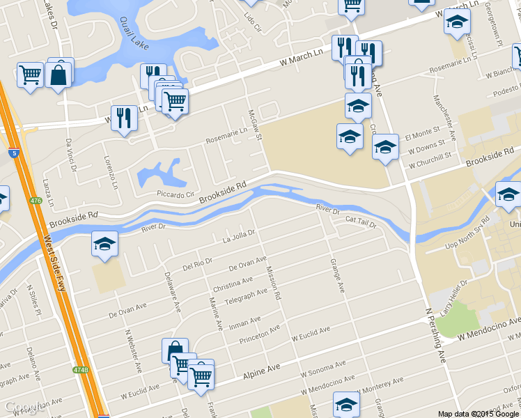 map of restaurants, bars, coffee shops, grocery stores, and more near 1855 La Jolla Drive in Stockton
