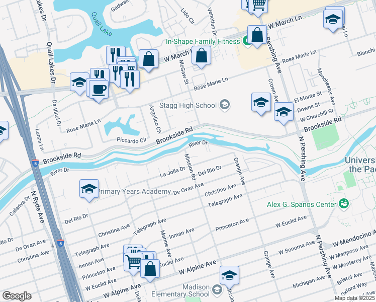 map of restaurants, bars, coffee shops, grocery stores, and more near 3932 William Court in Stockton