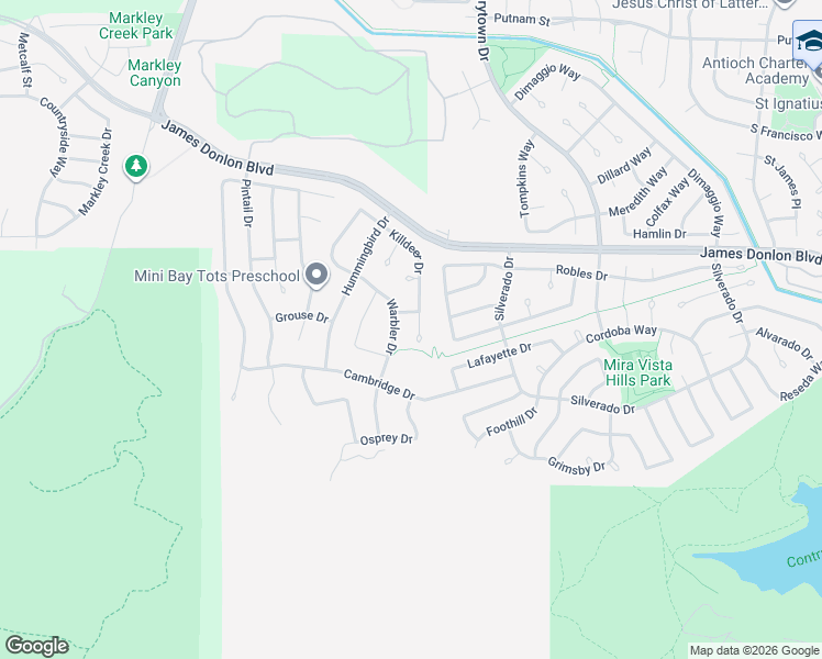 map of restaurants, bars, coffee shops, grocery stores, and more near 3951 Warbler Drive in Antioch