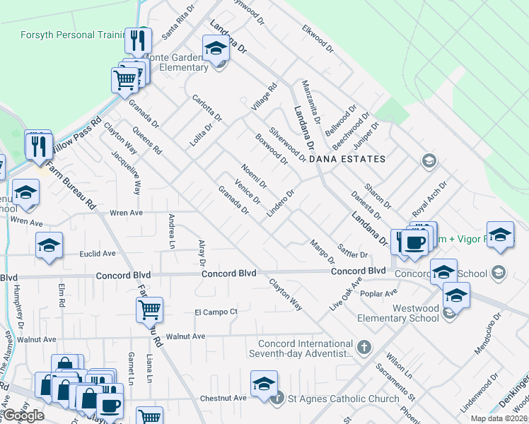 map of restaurants, bars, coffee shops, grocery stores, and more near 1807 Granada Drive in Concord