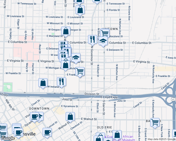 map of restaurants, bars, coffee shops, grocery stores, and more near 311 East Franklin Street in Evansville