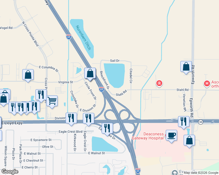 map of restaurants, bars, coffee shops, grocery stores, and more near 57 Beachfront Drive in Evansville