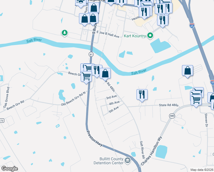 map of restaurants, bars, coffee shops, grocery stores, and more near 119 2nd Avenue in Shepherdsville