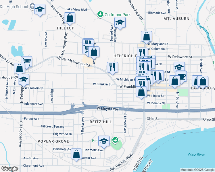 map of restaurants, bars, coffee shops, grocery stores, and more near 2722 West Franklin Street in Evansville