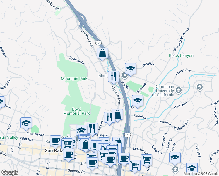 map of restaurants, bars, coffee shops, grocery stores, and more near 62 Prospect Drive in San Rafael