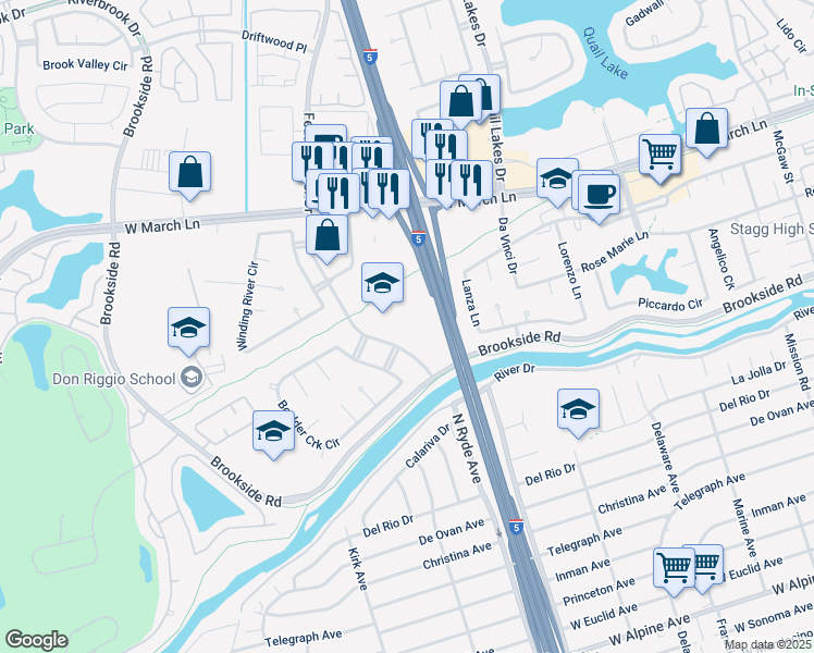 map of restaurants, bars, coffee shops, grocery stores, and more near 4128 Feather River Drive in Stockton