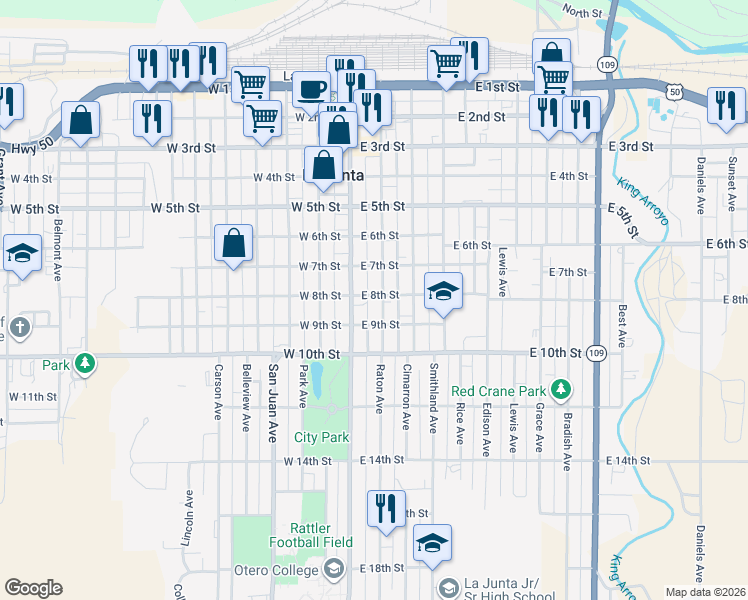 map of restaurants, bars, coffee shops, grocery stores, and more near in La Junta
