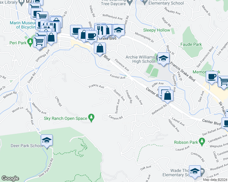 map of restaurants, bars, coffee shops, grocery stores, and more near 405 Scenic Avenue in San Anselmo