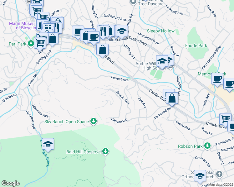 map of restaurants, bars, coffee shops, grocery stores, and more near 405 Scenic Avenue in San Anselmo
