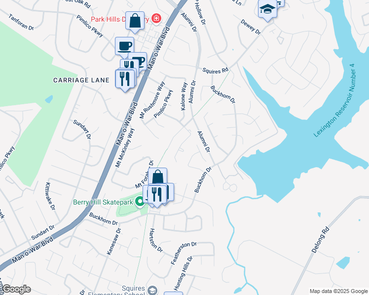 map of restaurants, bars, coffee shops, grocery stores, and more near 3289 Valhalla Drive in Lexington