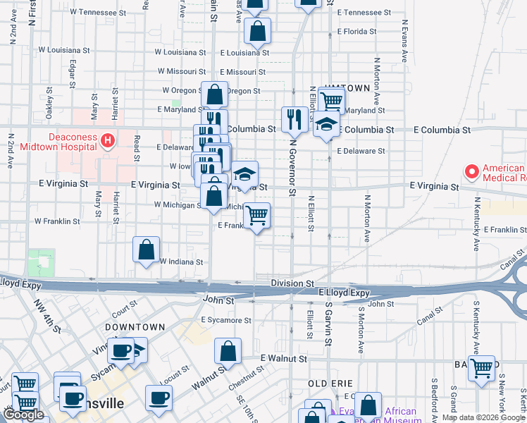 map of restaurants, bars, coffee shops, grocery stores, and more near 203 East Virginia Street in Evansville