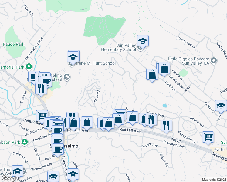 map of restaurants, bars, coffee shops, grocery stores, and more near 143 Jordan Avenue in San Anselmo