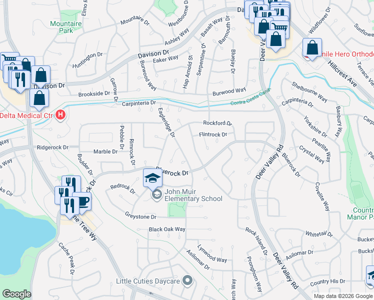 map of restaurants, bars, coffee shops, grocery stores, and more near 4013 Eagleridge Drive in Antioch
