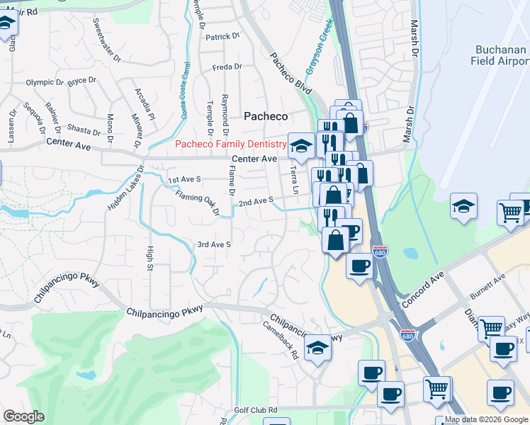 map of restaurants, bars, coffee shops, grocery stores, and more near 151 Elder Drive in Pacheco