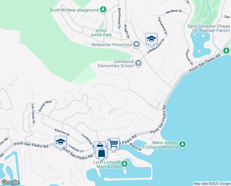 map of restaurants, bars, coffee shops, grocery stores, and more near 50 Manzanita Avenue in San Rafael