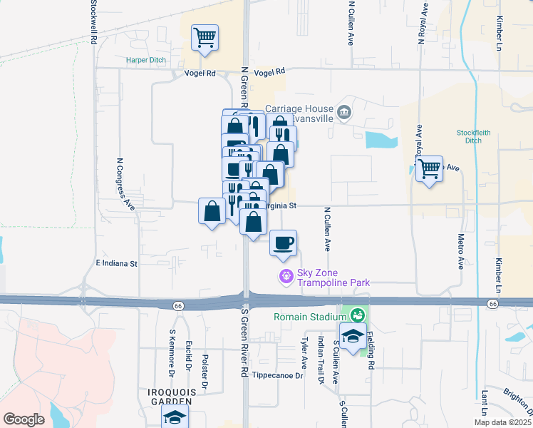 map of restaurants, bars, coffee shops, grocery stores, and more near 501 North Green River Road in Evansville