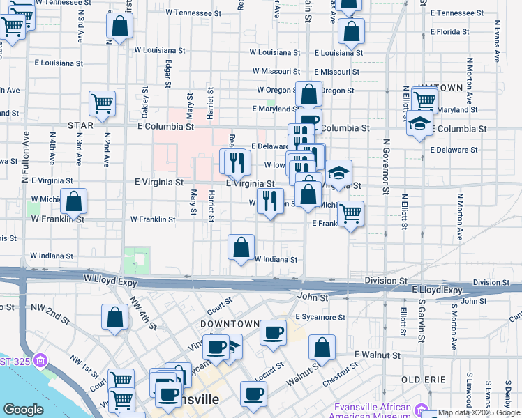 map of restaurants, bars, coffee shops, grocery stores, and more near 410 Garfield Street in Evansville