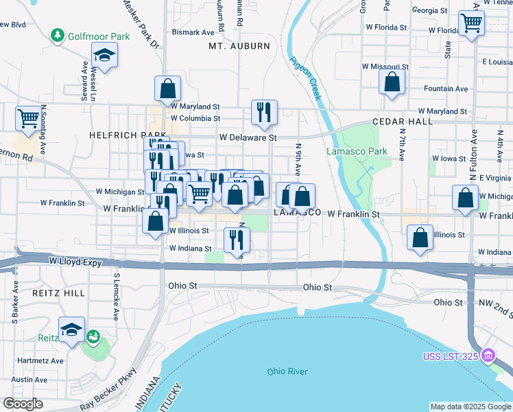 map of restaurants, bars, coffee shops, grocery stores, and more near 316 North Wabash Avenue of Flags in Evansville