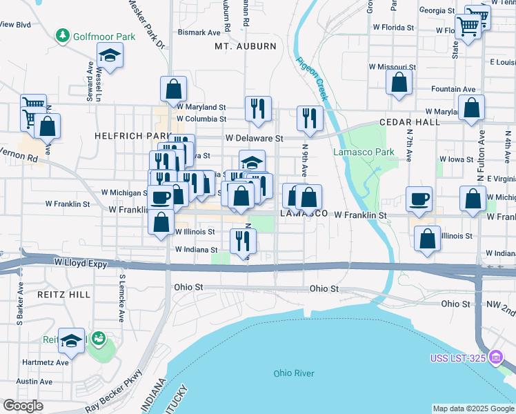 map of restaurants, bars, coffee shops, grocery stores, and more near 2101 West Michigan Street in Evansville