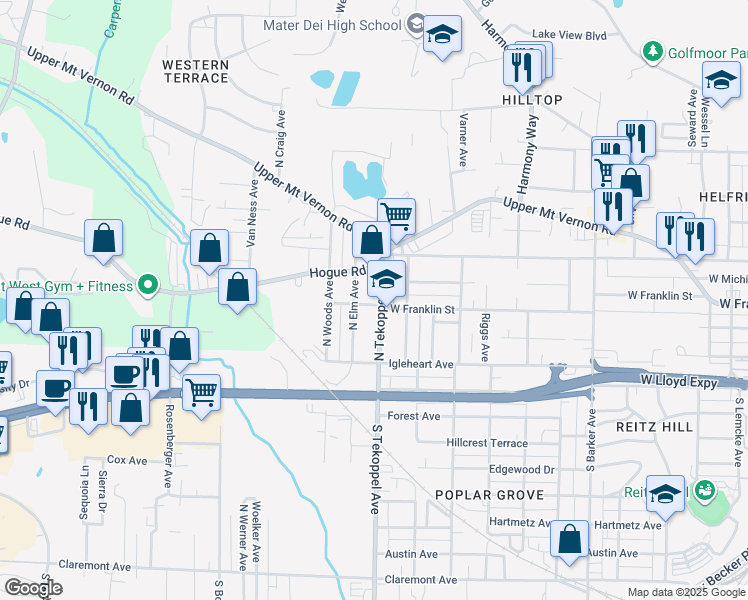 map of restaurants, bars, coffee shops, grocery stores, and more near 319 North Elm Avenue in Evansville