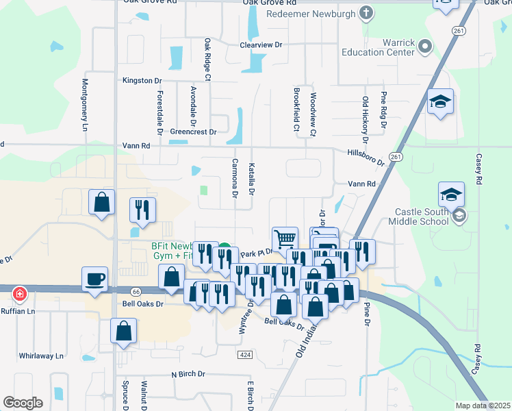 map of restaurants, bars, coffee shops, grocery stores, and more near 3822 Katalla Drive in Newburgh