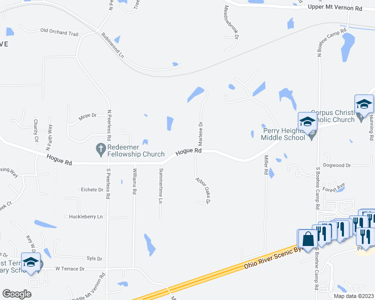 map of restaurants, bars, coffee shops, grocery stores, and more near 6711 Hogue Road in Evansville
