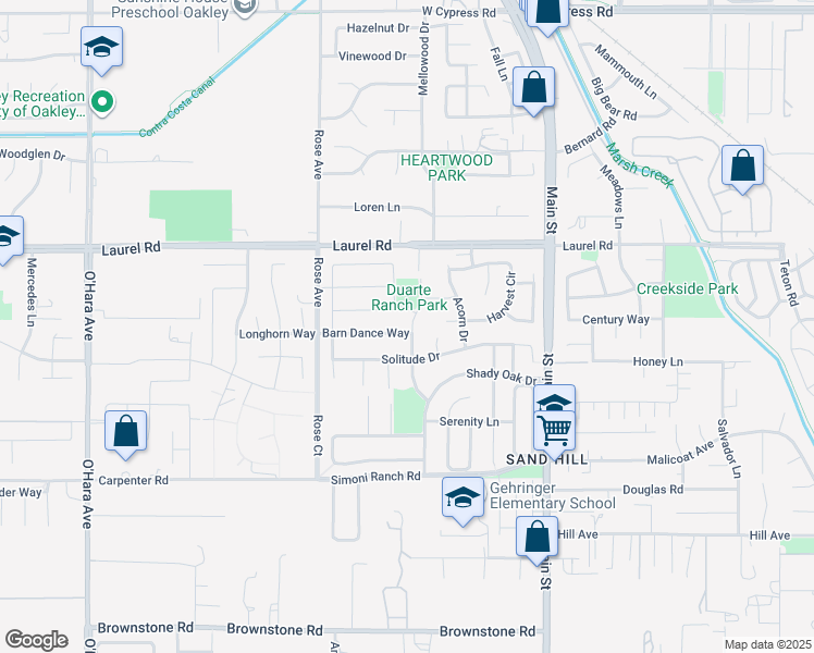 map of restaurants, bars, coffee shops, grocery stores, and more near 353 Barn Dance Way in Oakley