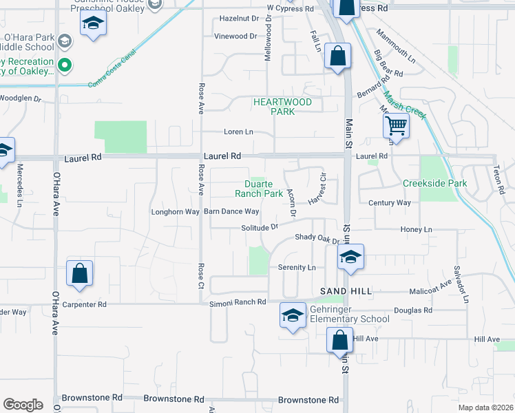 map of restaurants, bars, coffee shops, grocery stores, and more near 353 Barn Dance Way in Oakley