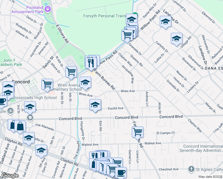 map of restaurants, bars, coffee shops, grocery stores, and more near 3449 Wren Avenue in Concord
