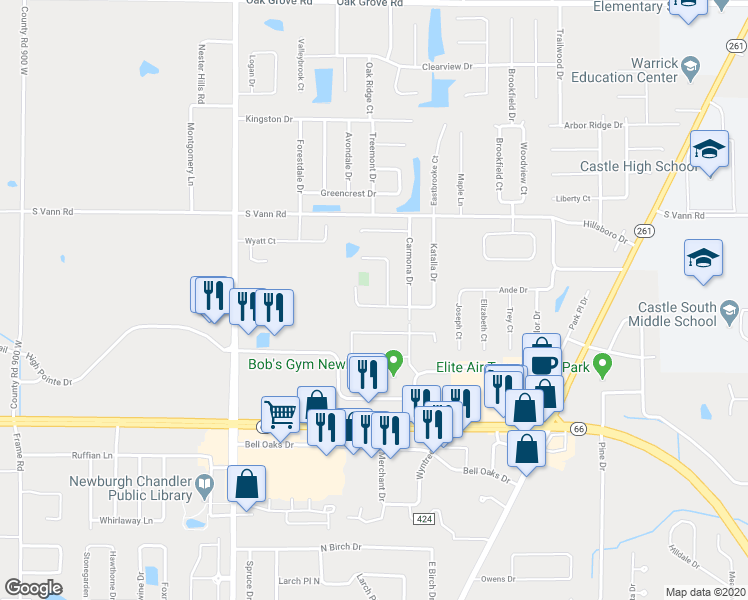 map of restaurants, bars, coffee shops, grocery stores, and more near 8100 Covington Court in Newburgh