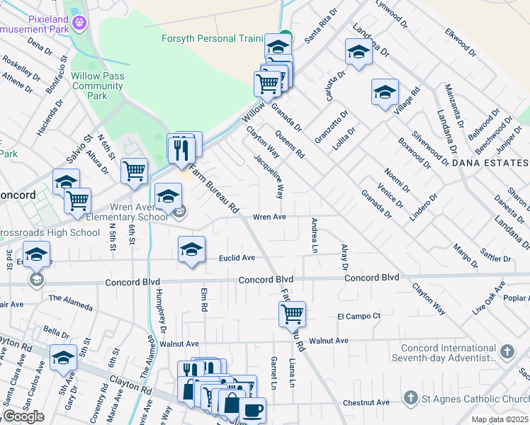 map of restaurants, bars, coffee shops, grocery stores, and more near 3539 Wren Avenue in Concord