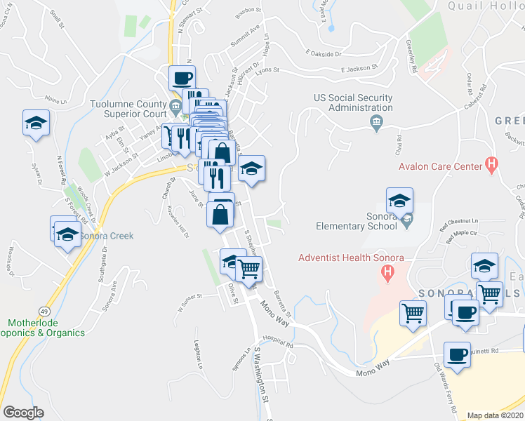 map of restaurants, bars, coffee shops, grocery stores, and more near 142 Cemetery Lane in Sonora